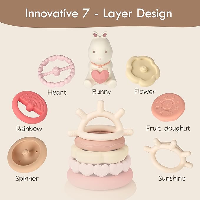 Moonkie Bunny Baby Stacking Toys | 7-Piece Silicone Rings for Teething Relief | Educational Toy for Infants & Toddlers 6 Months+ | Baby Girl Essentials
