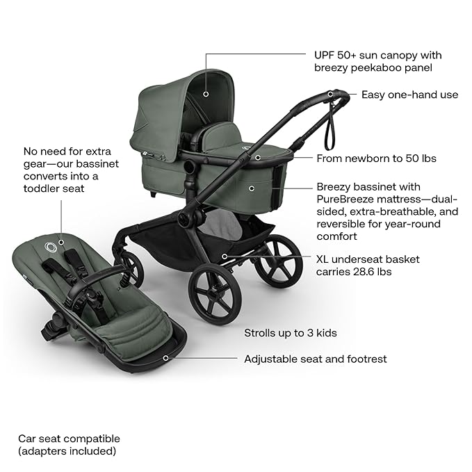 Bugaboo Kangaroo Single to Double Tandem Stroller with Seat and Bassinet for All Terrains, Black/Forest Green
