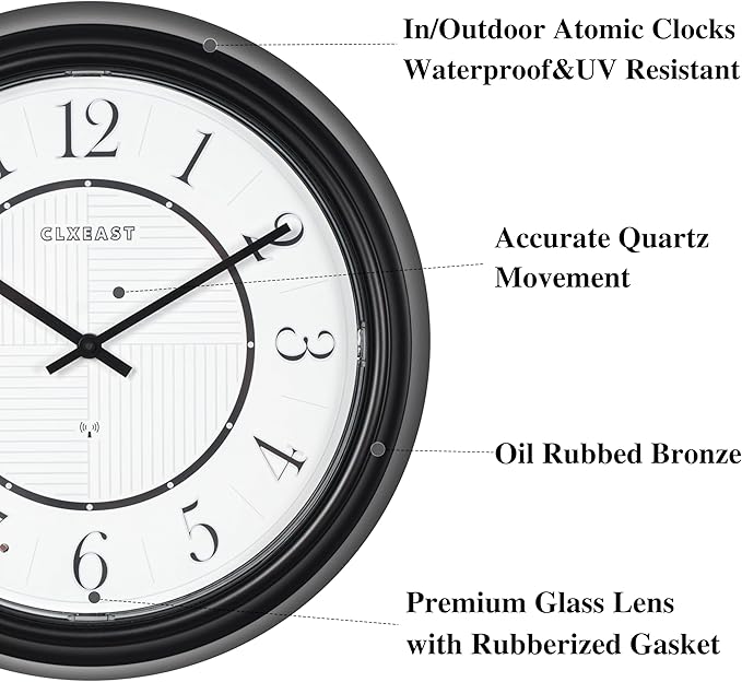 CLXEAST 14 Inch LED Illuminated Indoor Outdoor Atomic Analog Wall Clock Battery Operated, Glow in The Dark Wall Clock for Living Room, Home Office,Bathroom,Kitchen,Oil Rubbed Bronze Black Finish