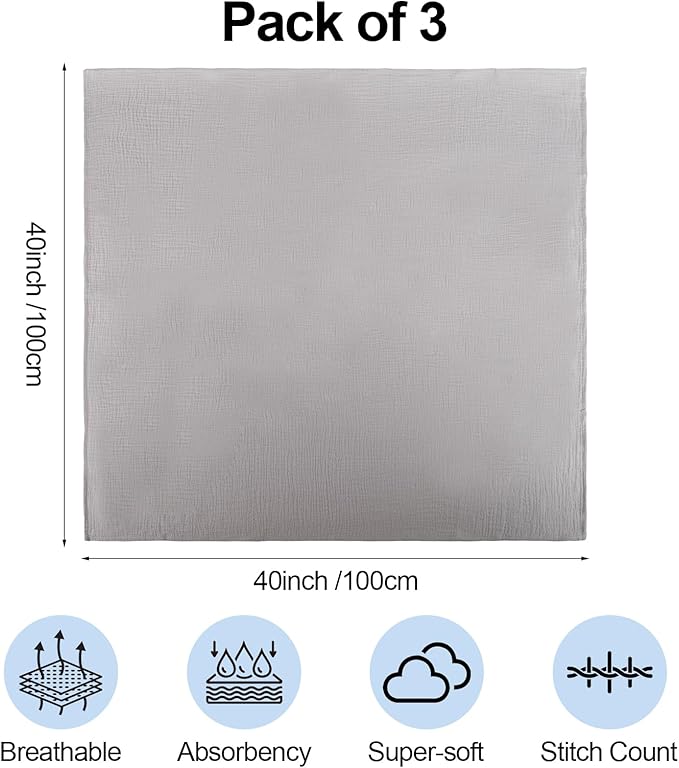 3 Pack Muslin Swaddle Blankets (40x40in) - Ultra Soft Breathable Wraps for Newborn Swaddling, Nursing, and Toddler Playtime, Unisex Design