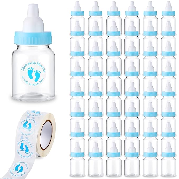 Tondiamo 48 Pcs Blue Baby Shower Mini Bottle Favors 1.5 x 3.5 Inch Baby Shower Candy Jar Mini Milk Bottle Party Favor Fillable Gift Boxes for Boys Girls Birthday Party Games Decorations