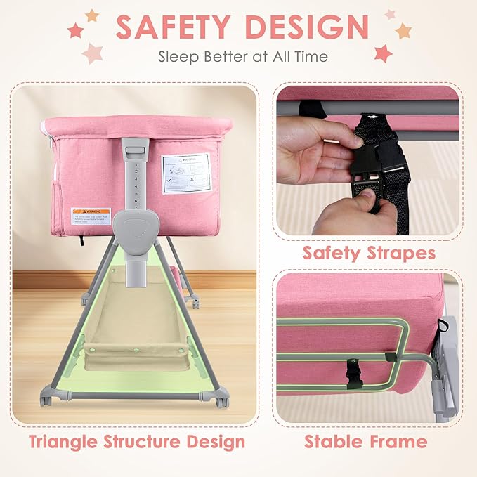 BIERUM Baby Bassinet for Baby - 7 Height Adjustable Bedside Bassinet with Lockable Wheels, Easy to Assemble Portable Bedside Crib with Large Storage Bag & Mattress for Newborn/Infant