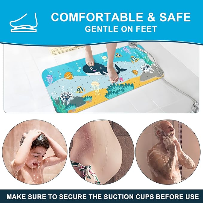 XIYUNTE Baby Bath Mat for Tub Non Slip Kids Bath Mat - 40''x16'' Extra Long Cartoon Whale Baby Bath Tub Mat Eco-Friendly Toddler Bath Mats with Suction Cups & Drain Holes, Easy to Clean & Easy Drying
