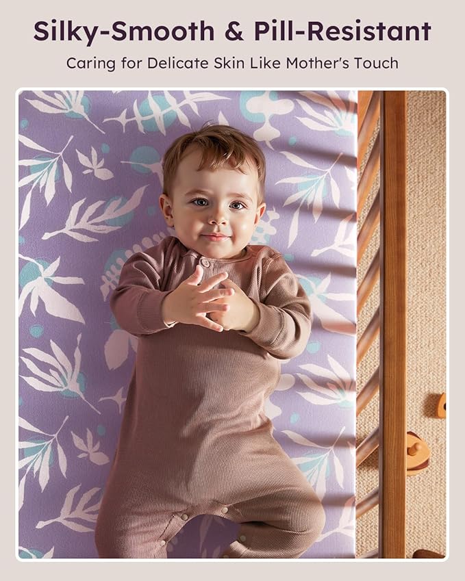 Baby Crib Sheets for Boys Girls, Fitted Crib Sheet Neutral 3 Pack for Standard Crib and Toddler Mattress, Breathable Soft Microfiber Baby Sheet 28x52x8in Purple Leaf