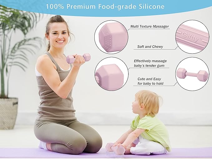 Giftty Baby Dumbbell - Silicone Infant Rattle Teething Toy Teether Toddler Sensory Toy Durable Safe Exercises Workout Weight - Great Gift for Girls and Boys (1pcs 4.8oz - Pink)
