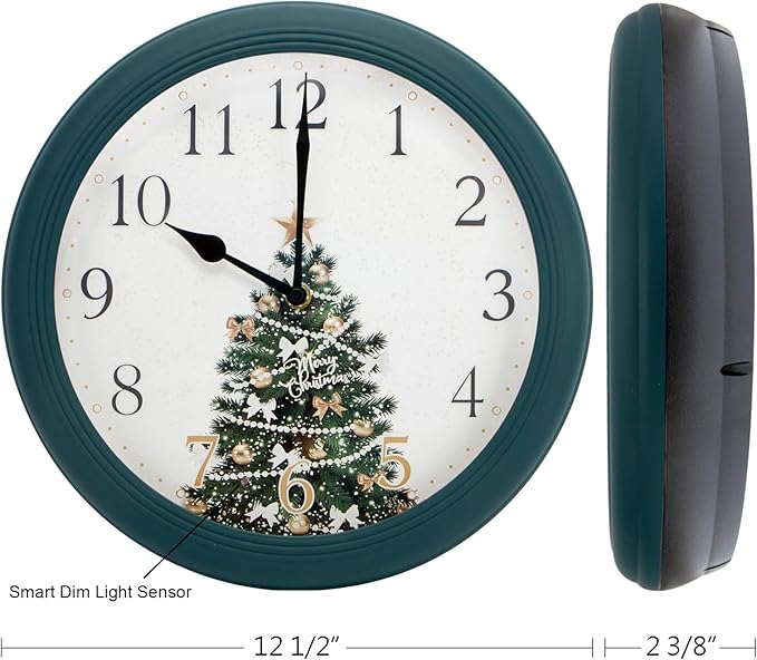 Evelyne LED Round Wall Clock - Battery Operated, Night-time Sensor - Easy-to-Read Analog for Bedroom, Office & Living Room (Christmas Tree)