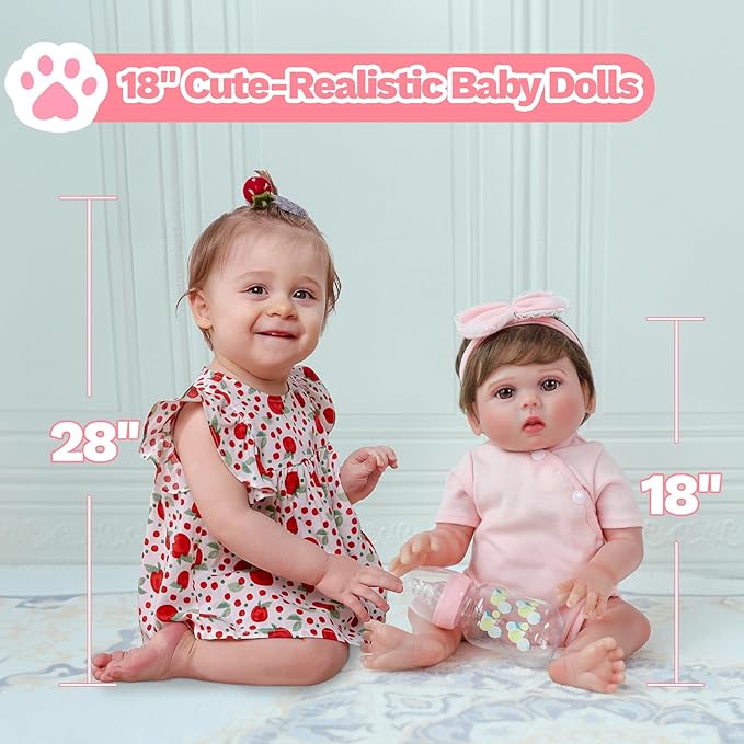 SCOM Reborn Baby Doll Girl - 18 Inch Realistic Real Life Doll, Anatomically Correct Baby with Cloth Body & Vinyl, Newborn Lifelike Weighted Toddler with Hair for Ages 3 4 5 6 + Year Old Gift