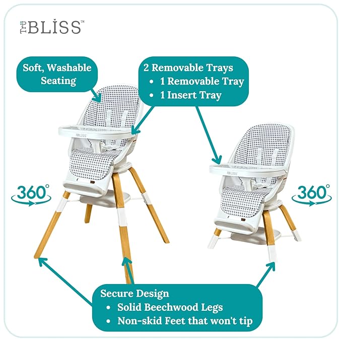 Turn-A-Tot High Chair for Babies and Toddlers, 2 in 1 Wooden Portable Baby Feeder or Adjustable Child's Seat with 360 Degree Swivel, Removable Tray, and Pad (Gingham)