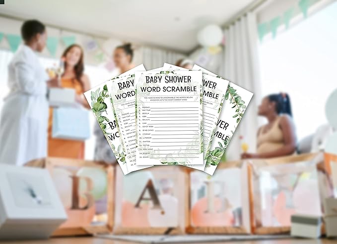 Baby Shower Game Cards, Word Scramble Game, Tropical Jungle Theme Party Cards for Gender Neutral Boys or Girls, Set of 30 Cards(Green005)