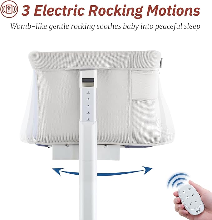 Rocking Bassinet for Baby Automatic Bedside Crib Electric Cradle 5 Heights Adjustable Bedside Sleeper for Babies Infant Smart Auto Rocking Crib 3 in 1 Bassinet on Wheels, White