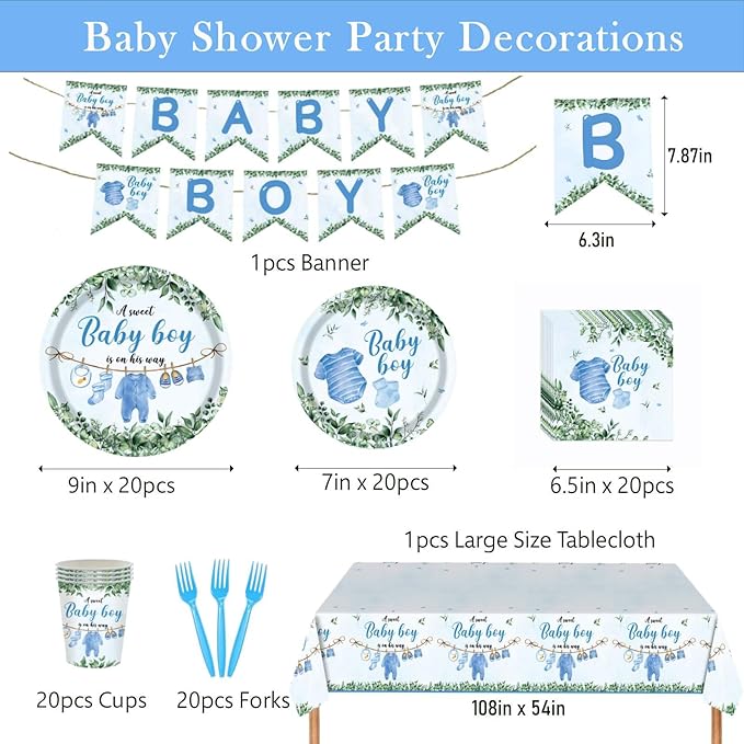Baby Shower Decorations, Boy Baby Shower Decorations Include Plates Napkins Cups Banner Tablecloth and Forks, Serve 20