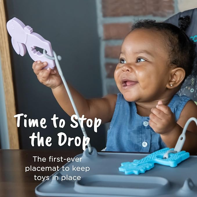 BUSY BABY Silicone Mat - New and Improved Suction Cups, 4 Straps to Secure Baby Essentials, Self Feeding, Baby Led Weaning, Travel Sleeve Included (Pewter)
