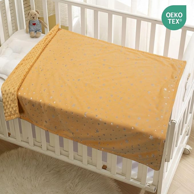 Baby Blanket for Boys Girls Soft Minky with Double Layer Dotted Backing, Star and Moon Printed 30 x 40 Inch Receiving Blanket (Ginger)