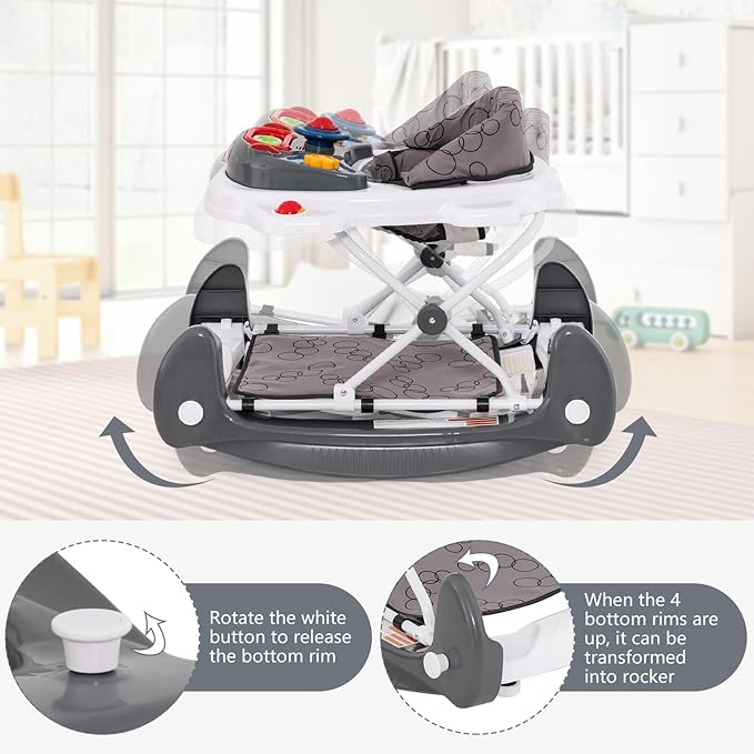 INFANS Baby Walker, 5 in 1 Behind Walker Learning Seated Rocker Bouncer with Removable Music Tray, Adjustable Height, Washable Seat Cushion, Foldable Activity Center for Toddlers (Grey)