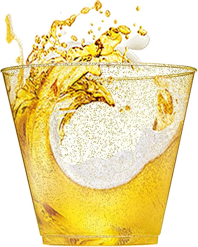 WDF 200pcs 9OZ Gold Cups,Disposable Premium Wedding Gold Glitter Plastic Cups for Thanksgiving Party