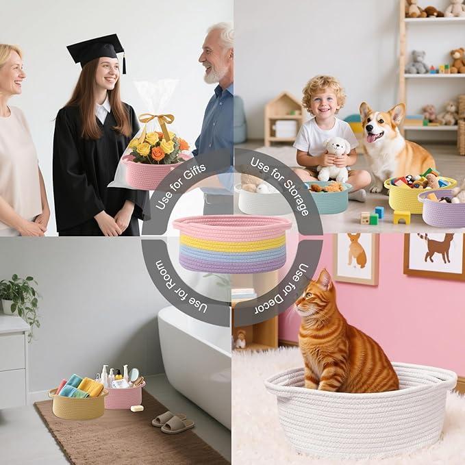 Gift Basket with Gift Bag and Ribbons,Small Rope Woven Shelf Storage,Baskets for Gifts Empty,Birthday,Shower,Decorative Organizer Box for Cat Dog Pet with Handles(Rainbow Pastel)