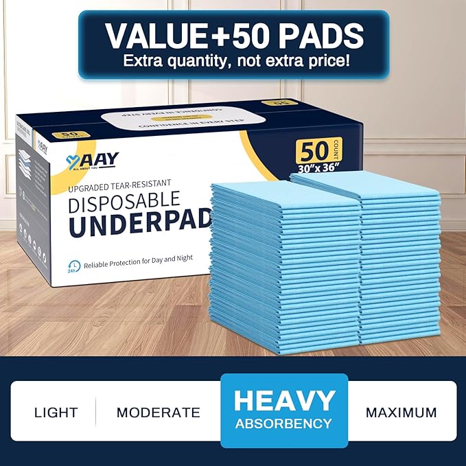 AAY Disposable Bed Pads 30"X36" (50pcs) Tear-Resistant Cloth Backing Underpads Super Absorbent Pee Pads Extra Large Premium Chucks for Adults Incontinence Pads Waterproof for Elderly, Kids or Puppy