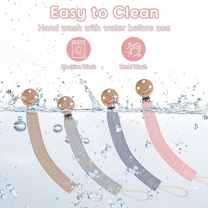 TYRY.HU Ribbon Pacifier Clip Holder,4 Pack Binky Paci Holder Clips, Pacifier Leash for Boys and Girls, Soft Webbing Strap Universal Fits for Most Pacifier, Styles & Teethers(Khaki,Grey,Blue,Pink)