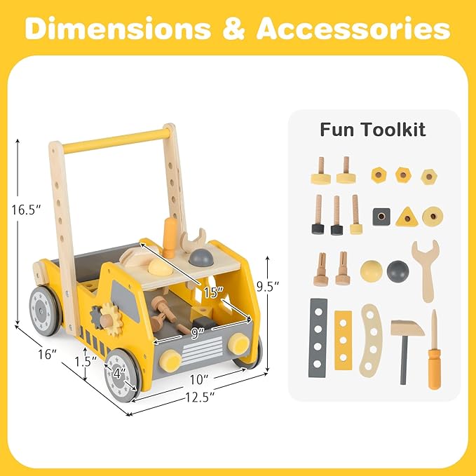 HONEY JOY Baby Push Walker, Adjustable Speed Baby Walker, Wooden Toy Tool Bench & Car Walker w/Shape Sorter, Develop Motor Skills & Creativity, Push Toys for Babies Learning to Walk, Gift, Yellow