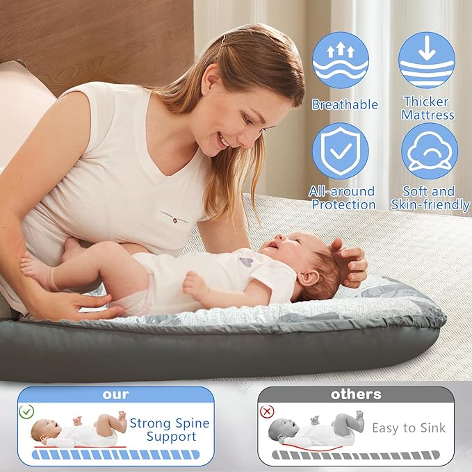 Baby Lounger for Newborn 0-24 Months, Baby Nest Cover Breathable and Soft Cotton, Infant Lounger with U-Shaped Safety Bumper for Cozy Comfort Baby Essentials (Leaves Grey)