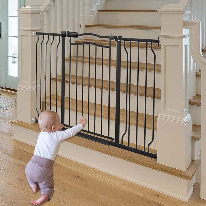 Fairy Baby 29.5"-53.1" Extra Wide Baby Gate for Doorways, Stairs Gate for Kids Toddler, Pressure Mounted Safety Child Gate Pet Barrier Fence Indoor, Walk Thru Auto Close Metal Dog Garden Gate, Black