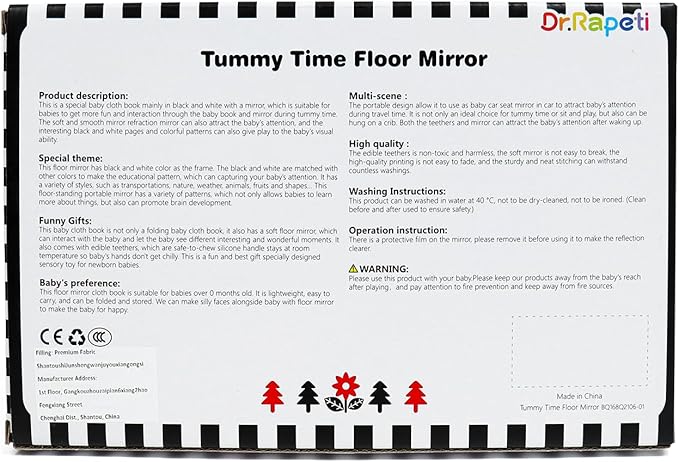 Dr.Rapeti Tummy Time Floor Mirror for Baby Infant Toddler Kids Black and White High Contrast Baby Toy with Crinkle Cloth Book Teethers Floor Activity Toy Washable Non-Toxic