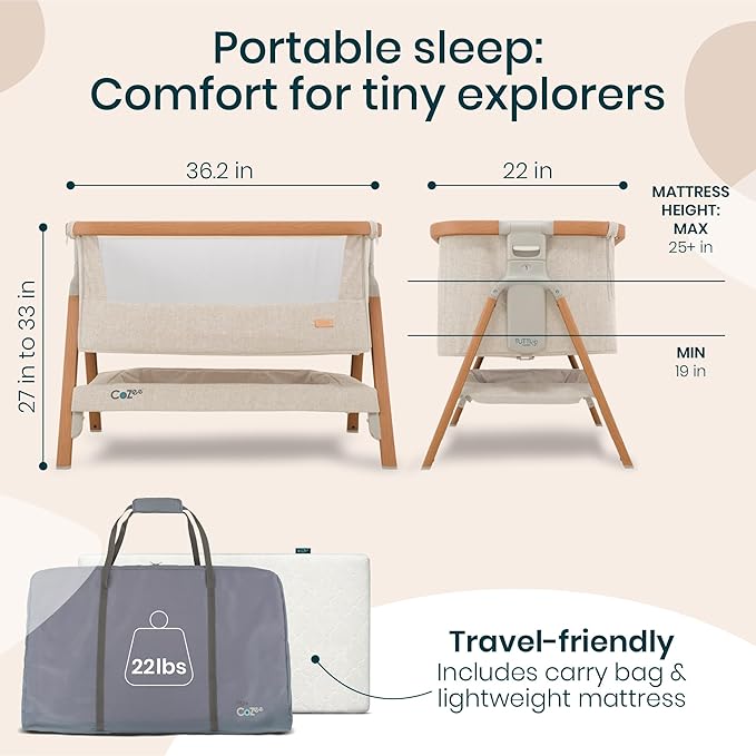 CoZee® 2-in-1 Baby Bassinet & Bedside Sleeper - Fast-Folding Bedside Bassinet, Baby Crib with 6 Mattress Heights & Breathable Mesh Window, Mattress Included, 0-6 Months (Walnut & Ecru)