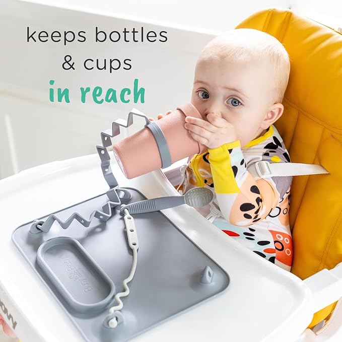 BUSY BABY New Parent Start Up Kit - Original Placemat, Mini Mat, Teether Spoon, Toy Bungee, Bottle Bungee, 6 Straps (Pewter)