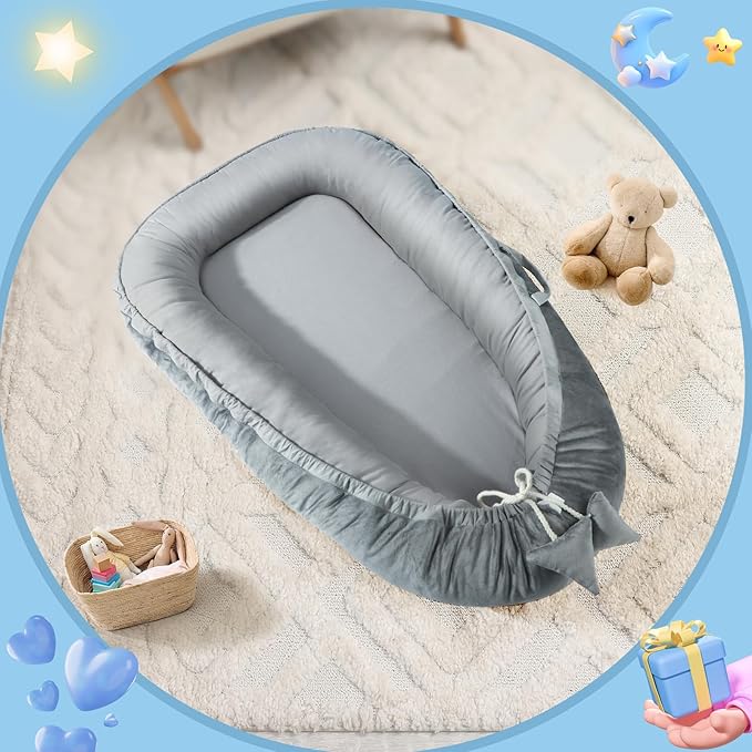 Baby Lounger - Baby Lounger for Newborn 0-24 Months, Breathable & Soft Cotton and Velvet Cover Baby Nest, Portable Cozy Infant Lounger for Home and Travel, Ideal Baby Essentials & Shower Gifts