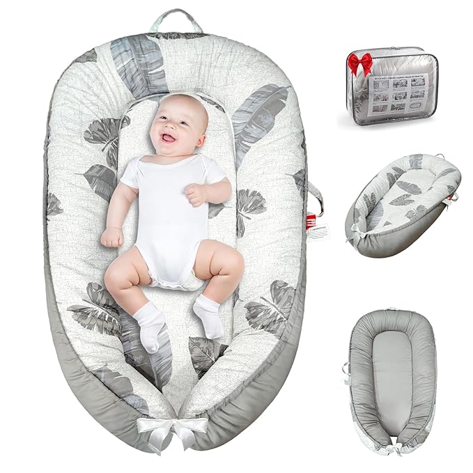 Baby Lounger for Newborn 0-24 Months, Baby Nest Cover Breathable and Soft Cotton, Infant Lounger with U-Shaped Safety Bumper for Cozy Comfort Baby Essentials (Leaves Grey)