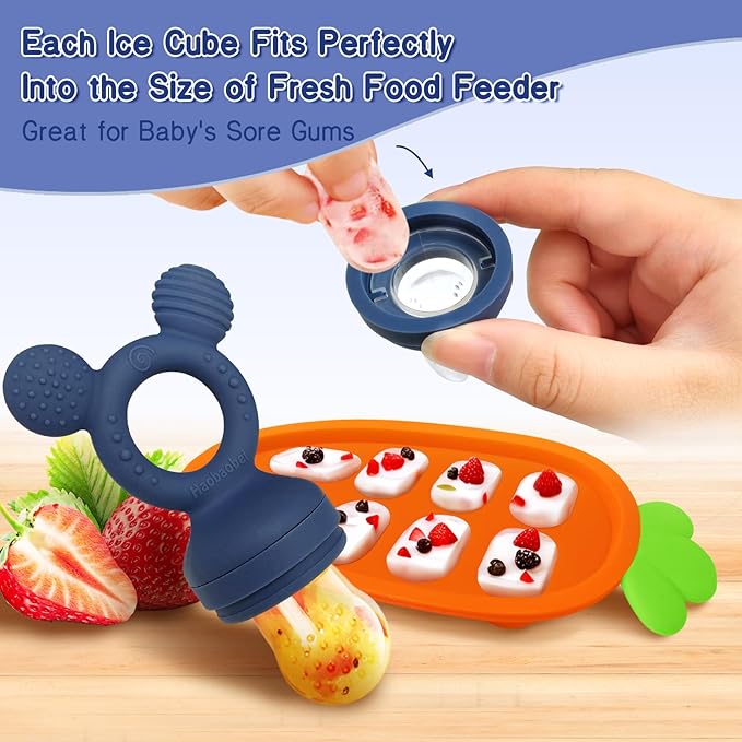 Baby Fruit Feeder Set – 3-Size Silicone Teether with Ice Cube Tray | Leakproof Self-Feeder for 3-24 Months | BPA-Free, Dishwasher Safe | Baby-Led Weaning Essential (Green Blue)