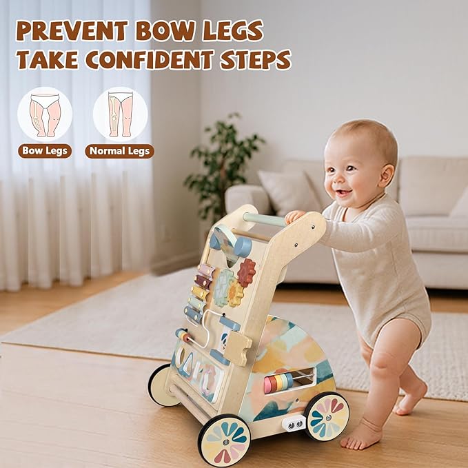 Wooden Baby Walker, Detachable Double-Sided Busy Board, Baby Walking Toys Push Walkers for Babies 6-12 Months