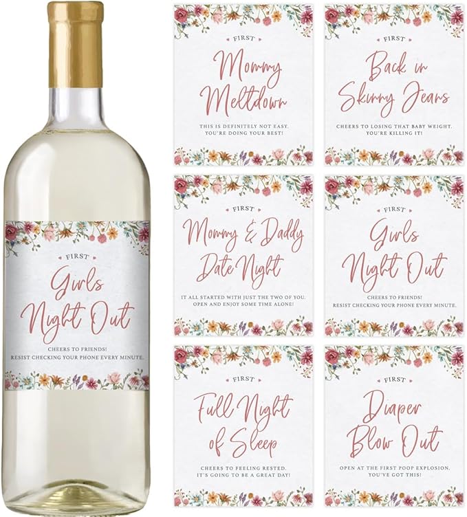 Printed Party Baby Shower Wine Label Gift Set - Mommy's First Milestones, Wine Bottle Labels for Expecting Mother to Be, Baby in Bloom Wildflower Theme (Set of 6)
