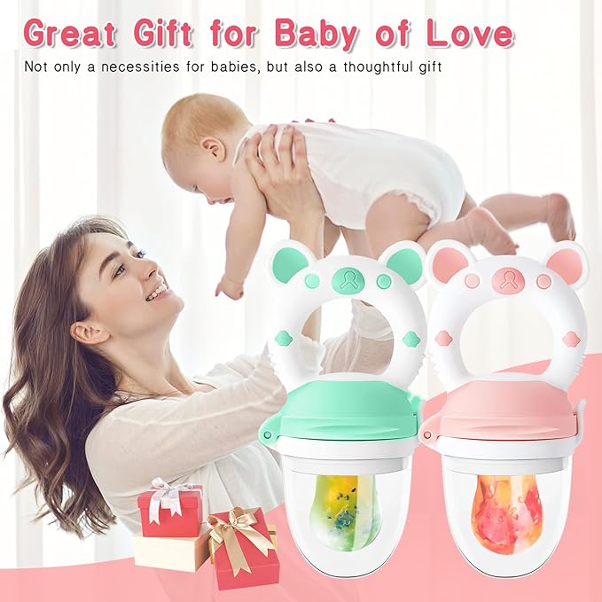 Baby Fruit Feeder with with 2 Extra Teats, Toddler Eating Essentials, BPAFree Feeding Supplies, Silicone Fresh Food Feeder for Safe Infant Self Feeding (Bear- Blue Pink)
