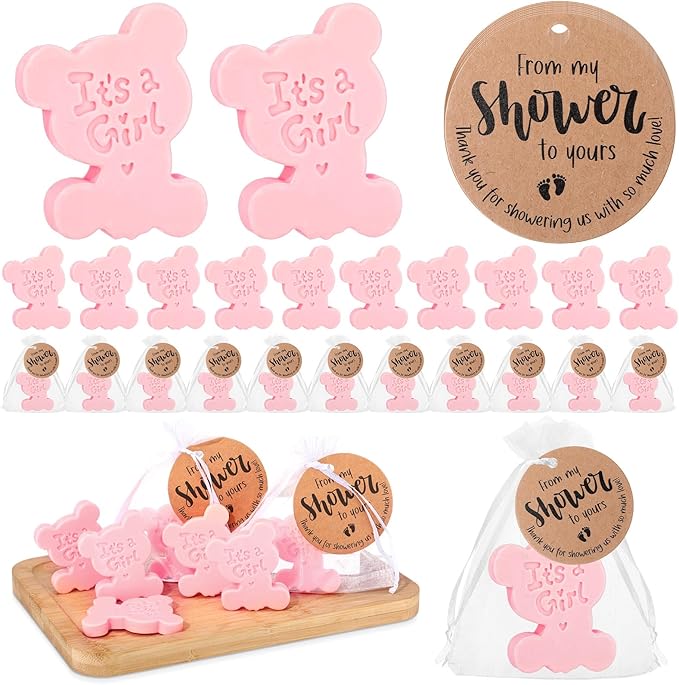 50 Sets Baby Shower Soap Favors for Guests Boy Girl Mini Handmade Scented Soaps with Thank You Tags and Organza Bags for Shower Gender Reveal Party Favors(It's A Girl,Pink Bear)