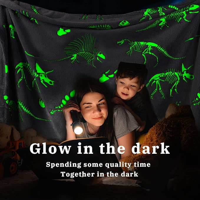 Glow in The Dark Blanket Dinosaur Throw Blanket for Boys Kids Soft Warm Cozy Cute Dino Blanket Unique Dinosaurs Toys Gifts Gray Glowing Dinosaur Room Decor Blankets for Girls Teens 40"x50"