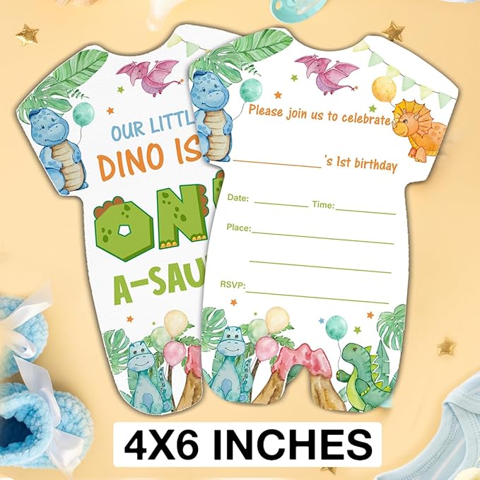 LyoGao Dinosaur 1st Birthday Invitations - Dino Party for Boy First Birthday Fill in Invites Cards With Envelopes (20 Pack)