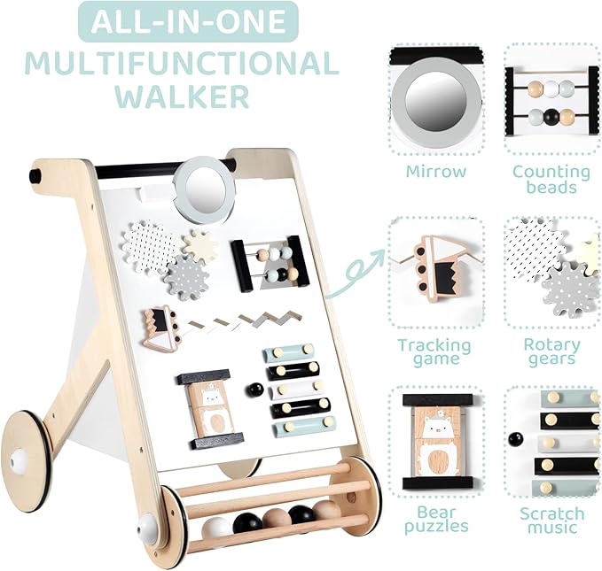 Beright Wooden Baby Walker with Roller, Push and Pull Learning Activity Walker, Multi-Functional Kidsโ Activity Toy, Multiple Activities Center, Develops Motor Skills & Stimulates Creativity, Natural