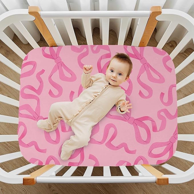 Baby Crib Sheets Pink Bow on Light Crib Sheets for Boys Girls,Neutral Bassinet Toddler Bed Play Sheets Breathable Soft and Portable 52 * 28 * 9in