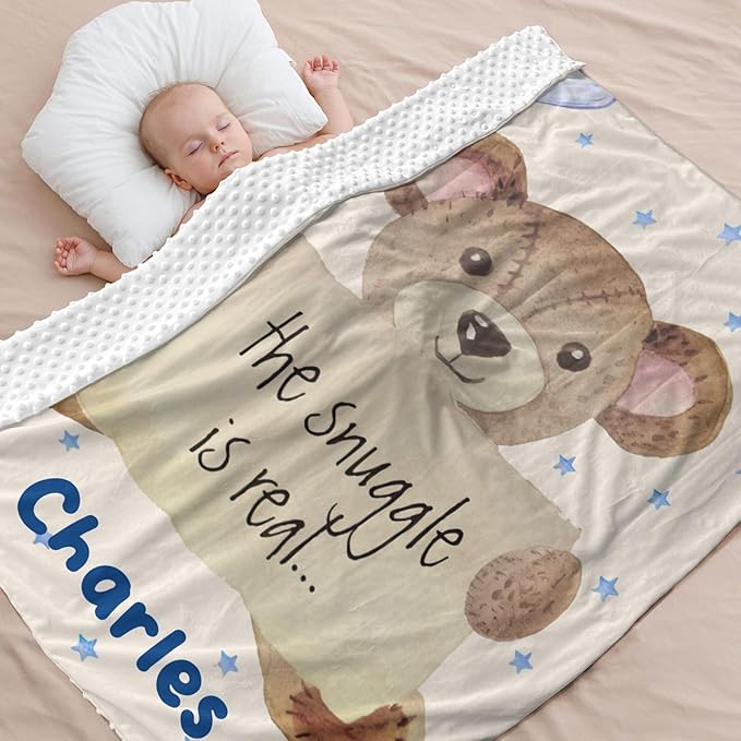 Personalized Baby Blanket for Boys Bear Custom Baby Blankets with Name Dotted Backing Customized Gifts for New Mom Customize Baby Blanket for Boy Kids Newborn Birthday