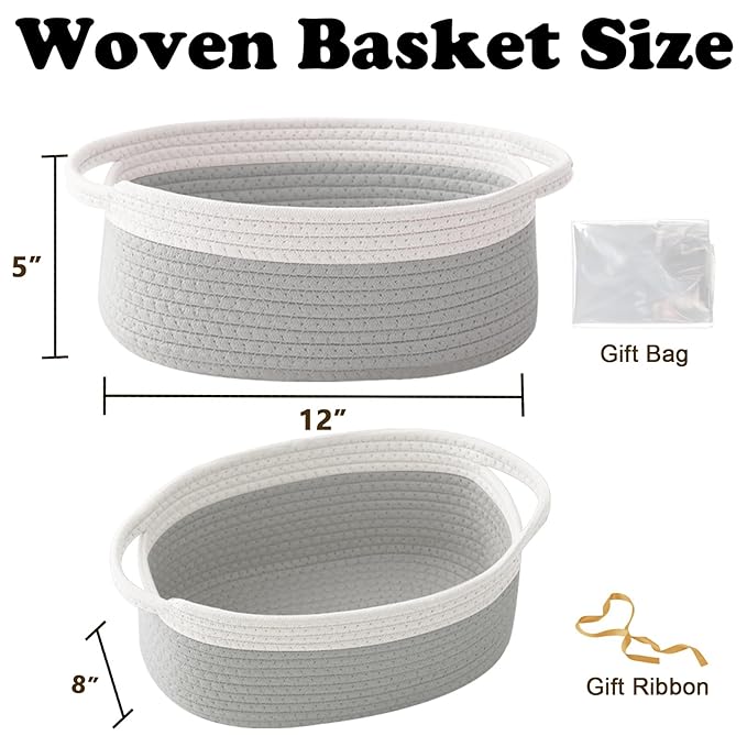Gift Basket with Gift Bag and Ribbons,Small Rope Woven Shelf Storage,Baskets for Gifts Empty,Birthday,Shower,Decorative Organizer Box for Cat Dog Pet with Handles(White&Grey)