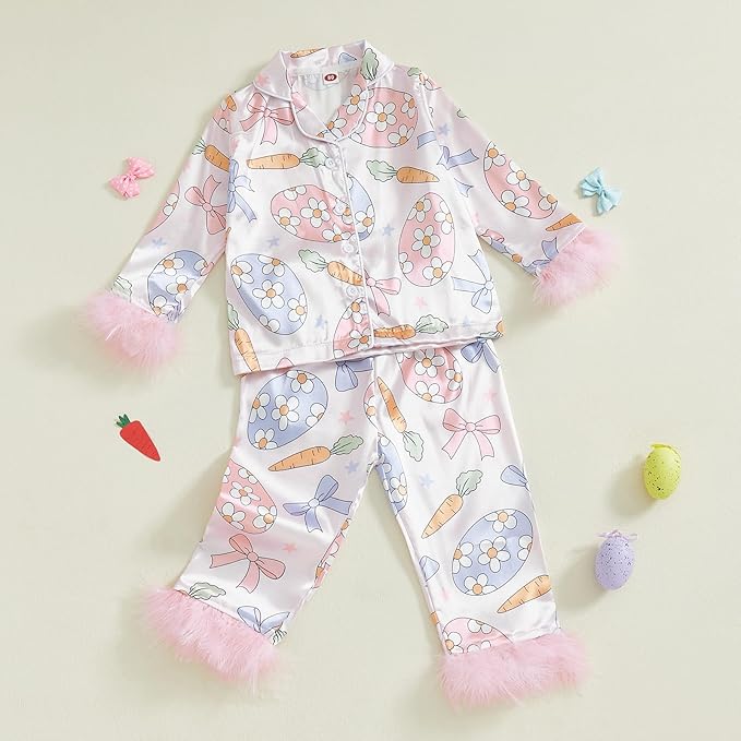 Toddler Kids Baby Girl Solid Pjs Ruffle Long Sleeve Button Shirt Top and Pants Cotton 2Piece Pajamas Set