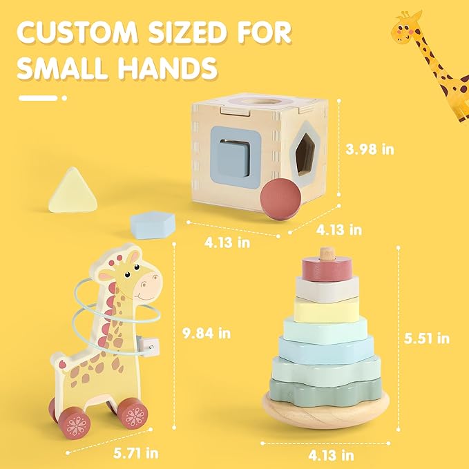 FReniland Montessori Toys for 1 Year Old,3-in-1 Wooden Baby Toys,Wooden Stacking Toy,Toddler Shape Sorting Cube, Giraffe Ring Toy,Newborn Baby Gift Sets for Boys and Girls