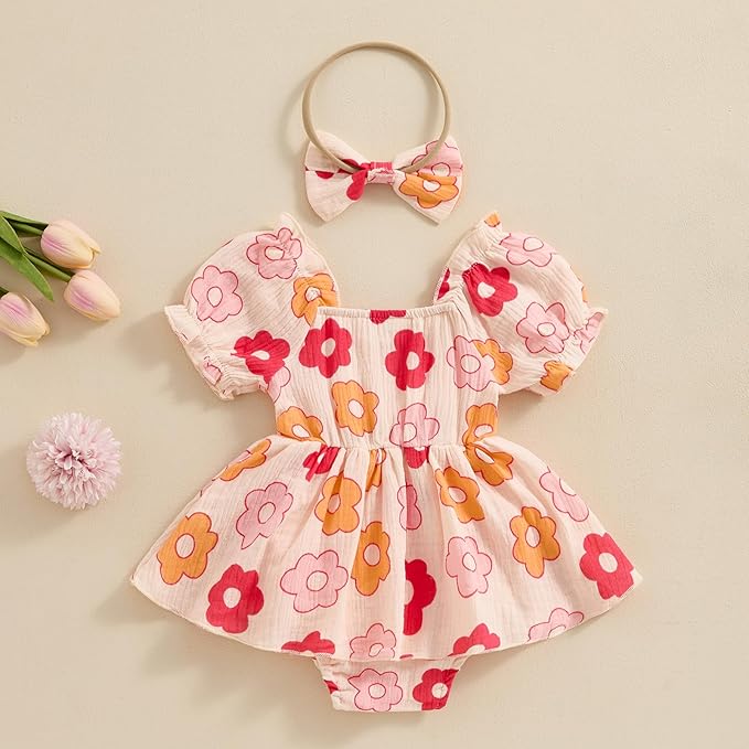 Baby Girls Floral Cotton Leotard Romper Newborn Daisy Playsuits Ruffled Sleeve Onesie Infant Jumpsuit Clothes Headband