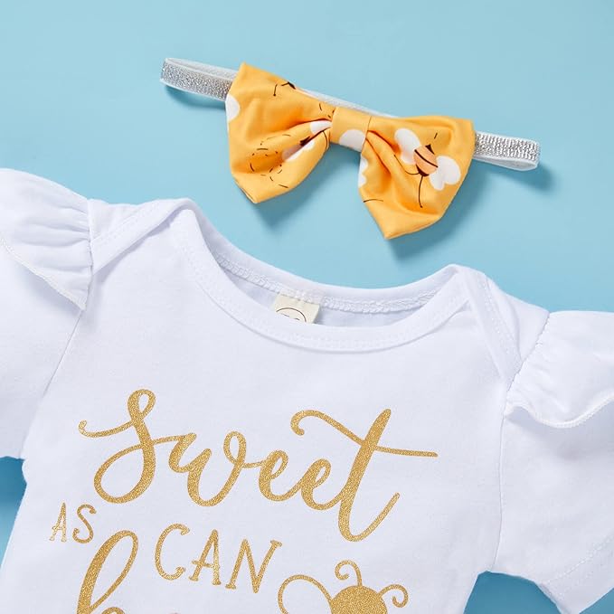 GRNSHTS Infant Baby Girl Bumble Bee Clothes Letter Print Romper Honey Bees Pants Bowknot Headband Outfits Set