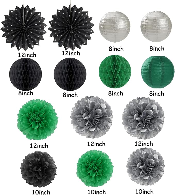 Black-Green Silver Party-Decorations Streamers Lanterns - 14pcs Graduation 2025 Paper Lanterns Fan,Tissue Pom Poms Streamer,Honeycomb Balls,Soccer Supplies Men Boys Birthday Baby Shower Decor Ouruola