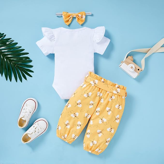 GRNSHTS Infant Baby Girl Bumble Bee Clothes Letter Print Romper Honey Bees Pants Bowknot Headband Outfits Set