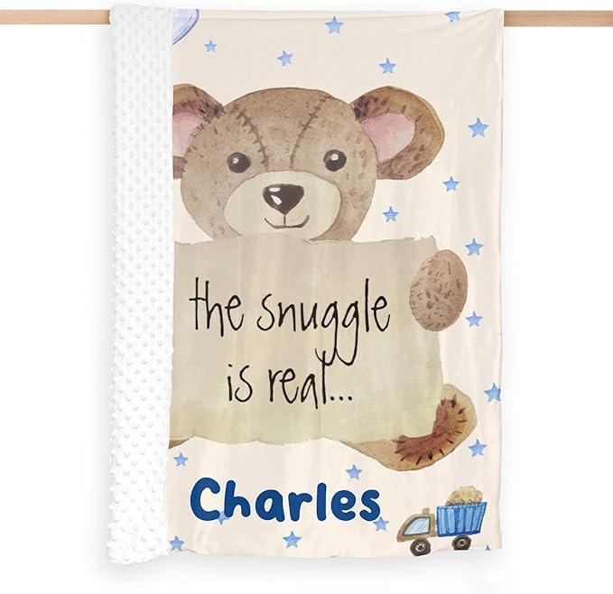 Personalized Baby Blanket for Boys Bear Custom Baby Blankets with Name Dotted Backing Customized Gifts for New Mom Customize Baby Blanket for Boy Kids Newborn Birthday