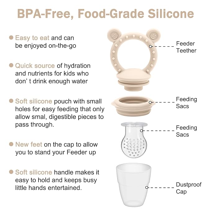 3 Pack Silicone Teething Mitten for Babies with Baby Fruit Food Feeder & Freezer Tray Set, BPA Free Infant Teething Relief Toy for 3 Month+, Additional Silicone Sacs (Smile Beige)