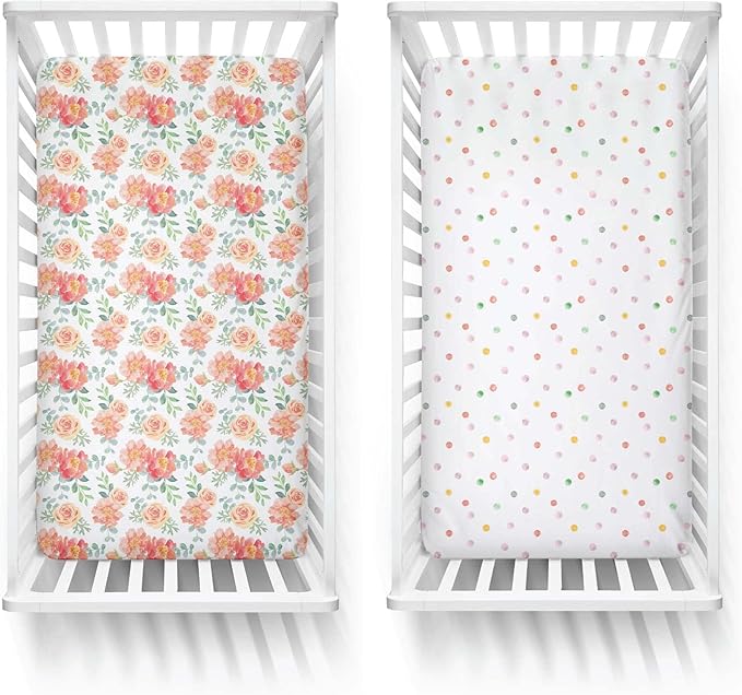 Featherhead™ 2-Pack Fitted Crib Sheets - 100% Cotton - 52" x 28" x 9" for Standard Crib and Toddler Mattress (Percale Garden Floral)